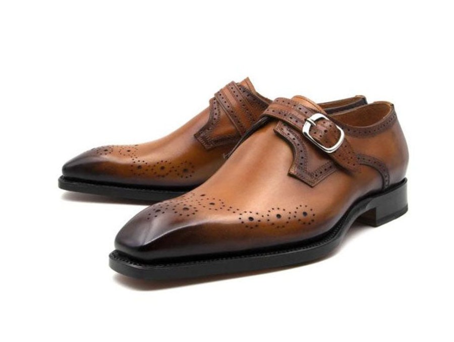 Ugo Vasare Eric Burnished Calfskin Monkstrap Shoe Caramel | Monkstraps