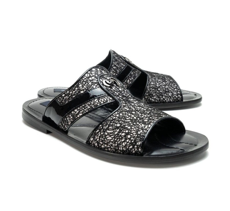 Corrente Corrente Linen & Shiny Calfskin Sandal Black | Sandals