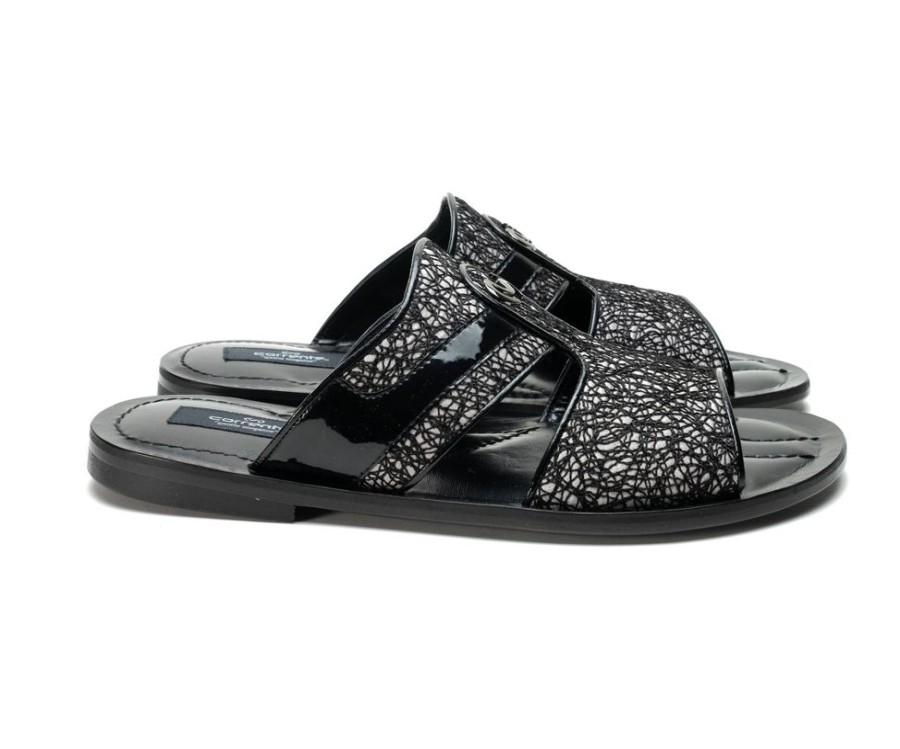 Corrente Corrente Linen & Shiny Calfskin Sandal Black | Sandals