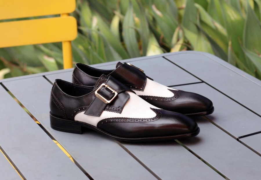 Carrucci by Maurice Burnished Calfskin Slip-On Spectator Monkstrap Shoe Black/White | Monkstraps