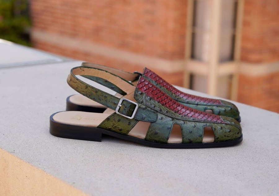 Maurice Maurice Embossed Calfskin Slip-On Back-Strap Sandal Green/Red | Sandals