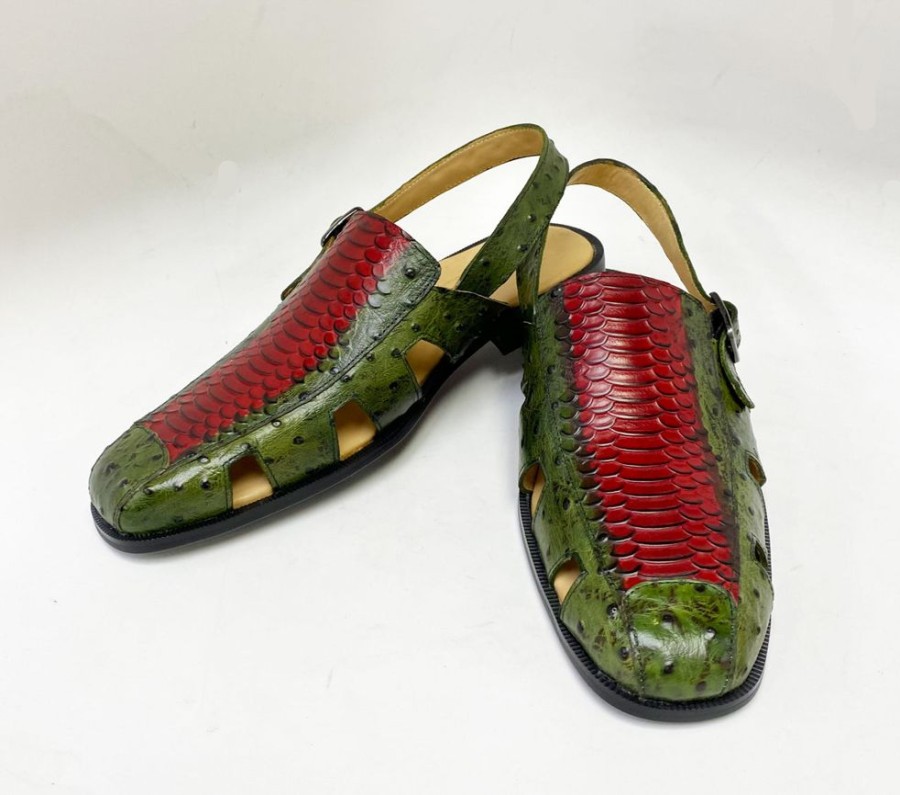 Maurice Maurice Embossed Calfskin Slip-On Back-Strap Sandal Green/Red | Sandals