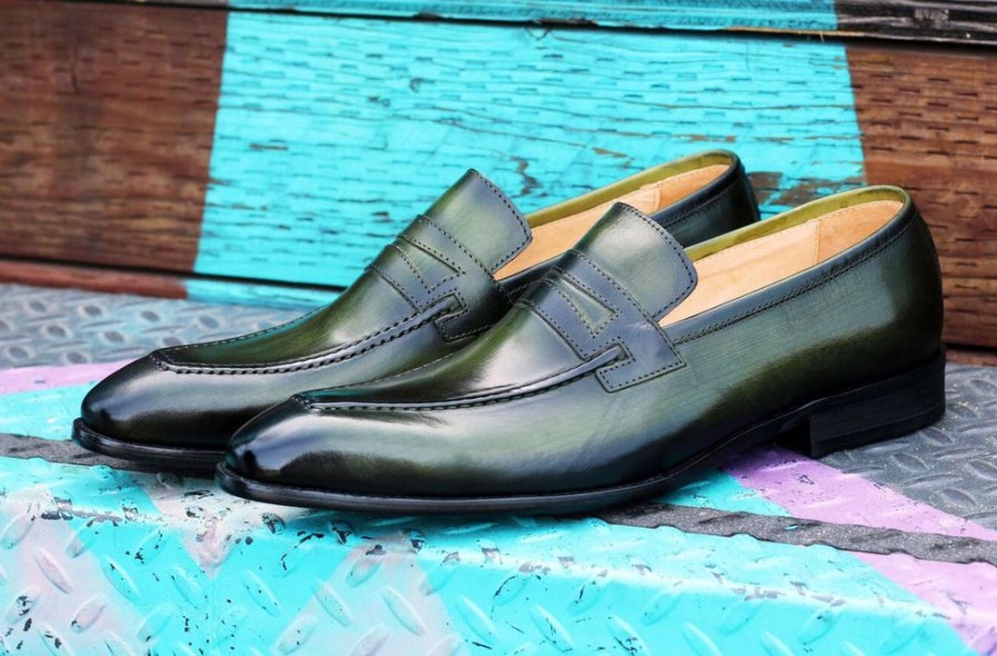 CARRUCCI Calfskin Slip-On Penny Loafer Olive | Loafers