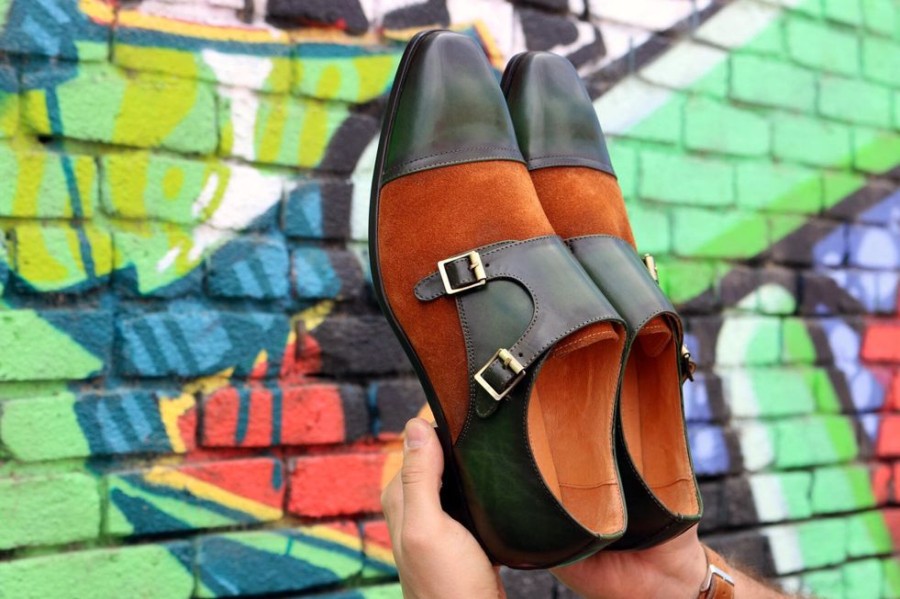 CARRUCCI Calfskin & Suede Double Monkstrap Olive/Cognac | Suede