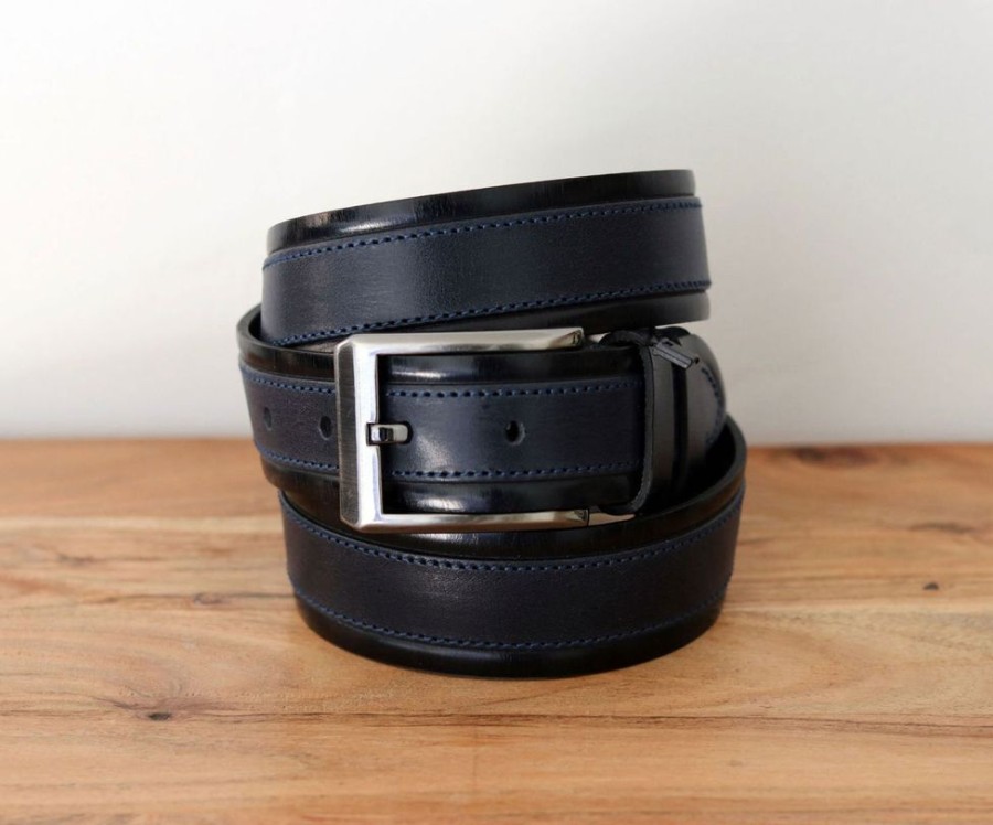 Maurice Stitched Leather Belt Navy/Blue | Belts