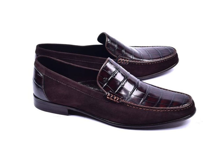 Corrente Corrente Crocodile Embossed Calfskin & Suede Loafer Brown | Suede