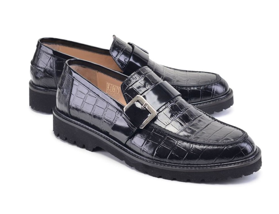 Pelle Pelle Crocodile Embossed Calfskin Slip-On Loafer Black | Lace-Ups