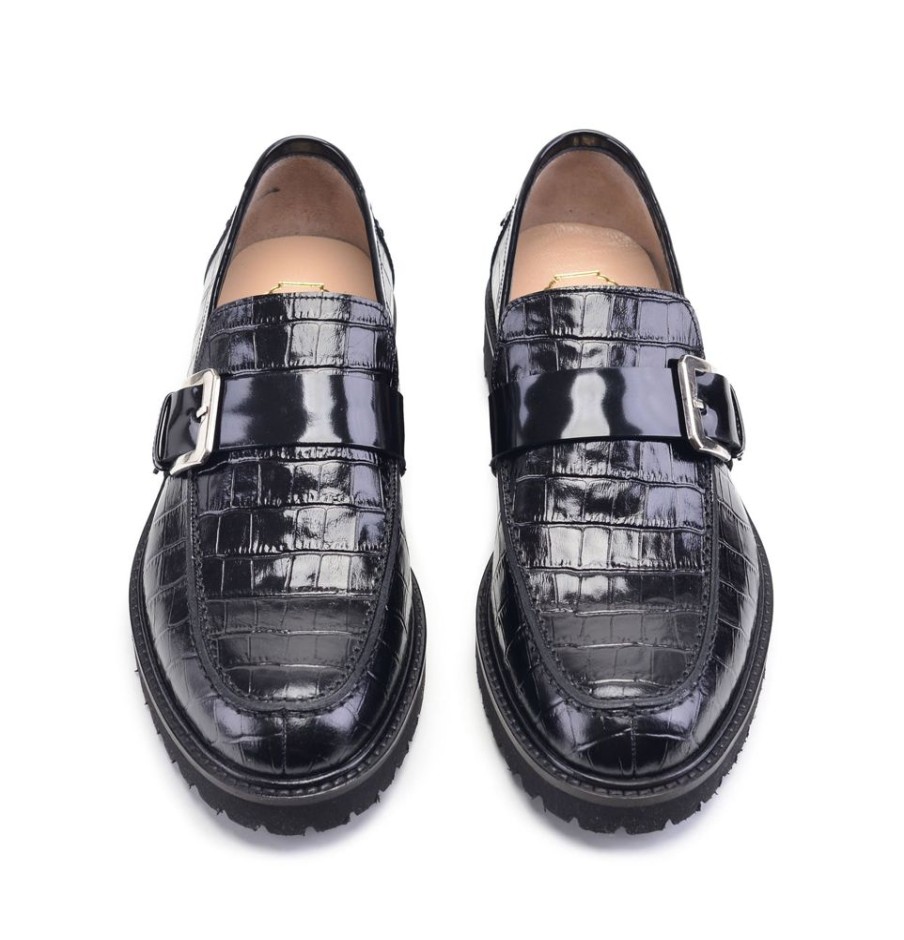 Pelle Pelle Crocodile Embossed Calfskin Slip-On Loafer Black | Lace-Ups