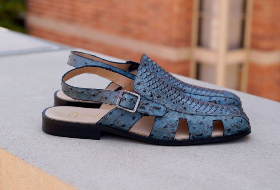 Maurice Maurice Embossed Calfskin Slip-On Back-Strap Sandal Blue | Sandals