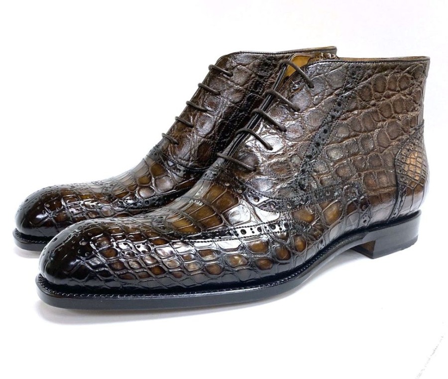 Ugo Vasare Burnished Alligator Lace-Up Wingtip Boot Brown | Boots