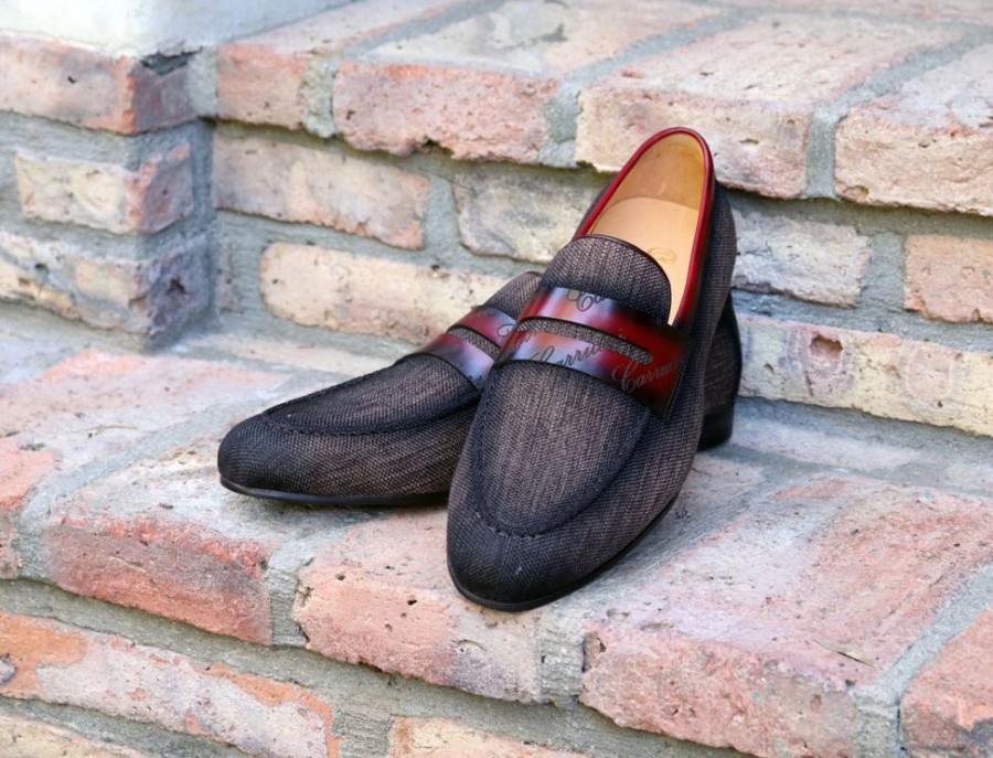 CARRUCCI Woven Canvas & Calfskin Slip-On Loafer Brown/Burgundy | Loafers