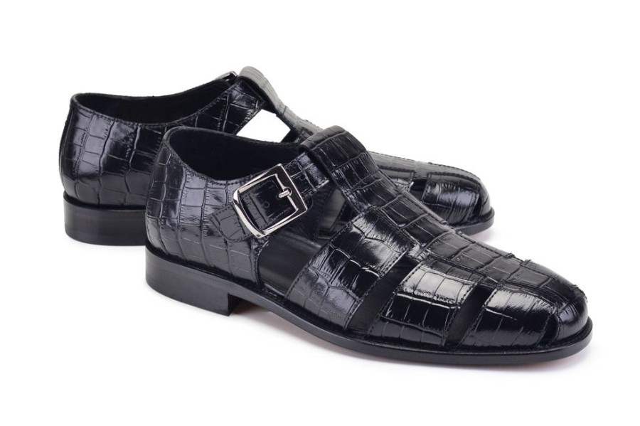 Pelle Exotics Pelle Crocodile Printed Calfskin Sandal Black | Sandals