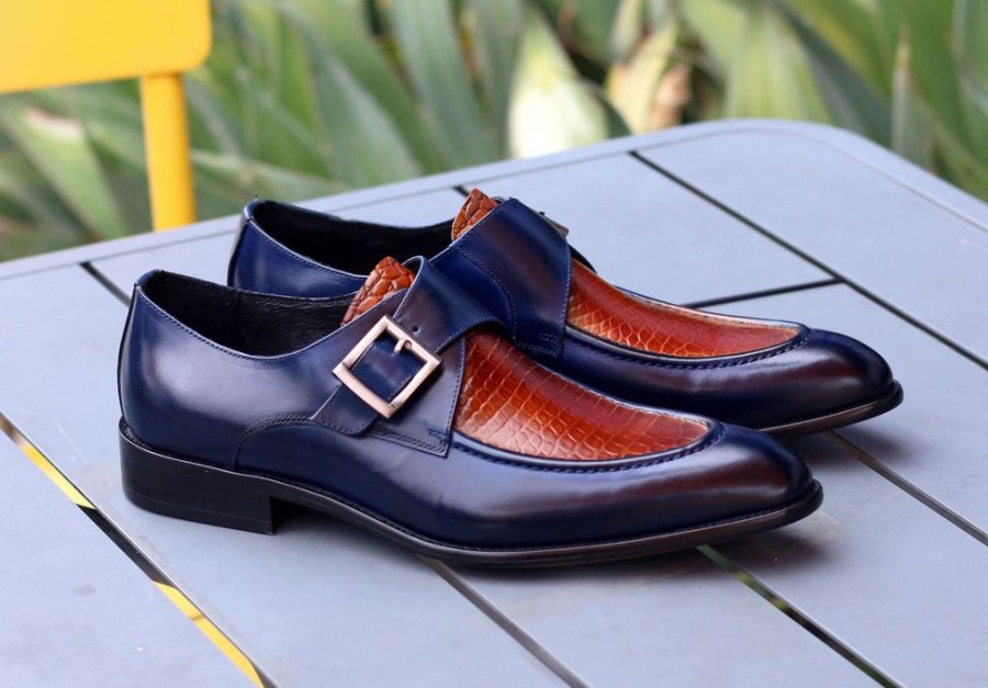 CARRUCCI Calfskin Slip-On Spectator Monkstrap Shoe Brown/Navy | Monkstraps