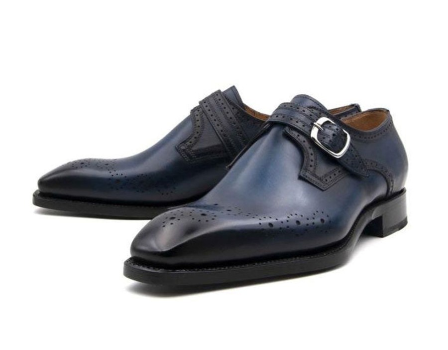 Ugo Vasare Eric Burnished Calfskin Monkstrap Shoe Blue | Monkstraps