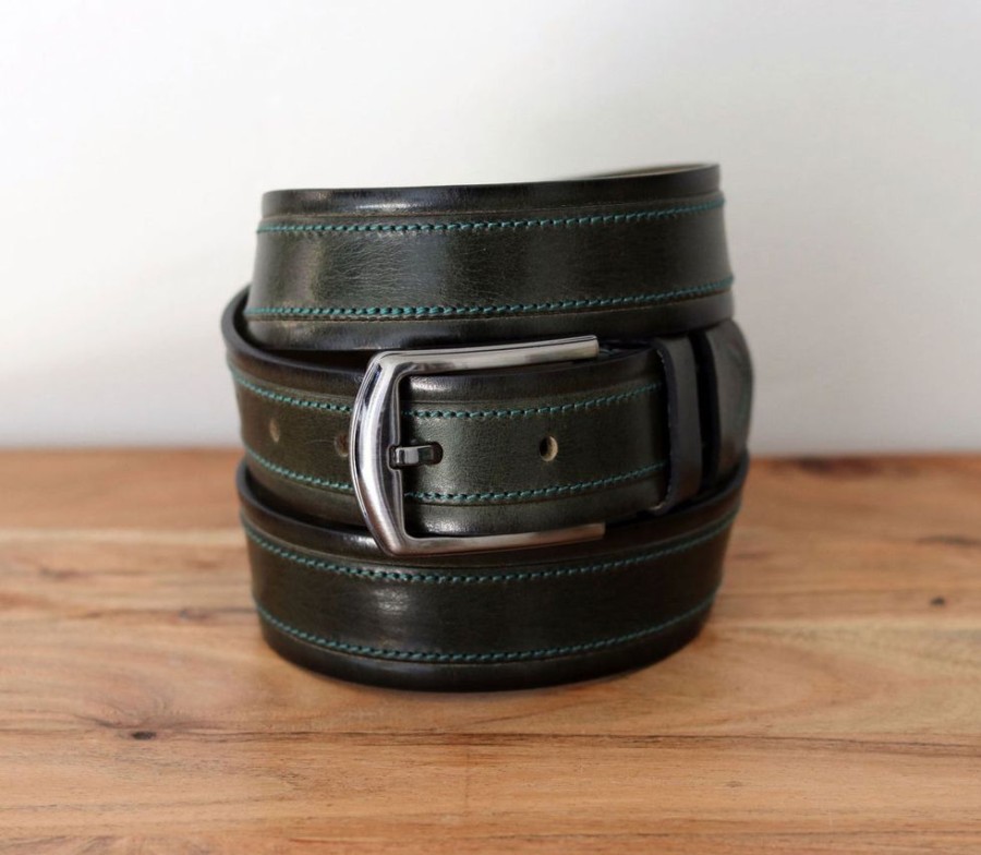 Maurice Stitched Leather Belt Green | Belts