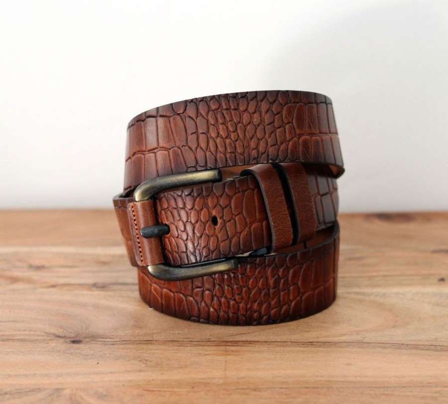 Maurice Crocodile Printed Leather Belt Camel | Belts