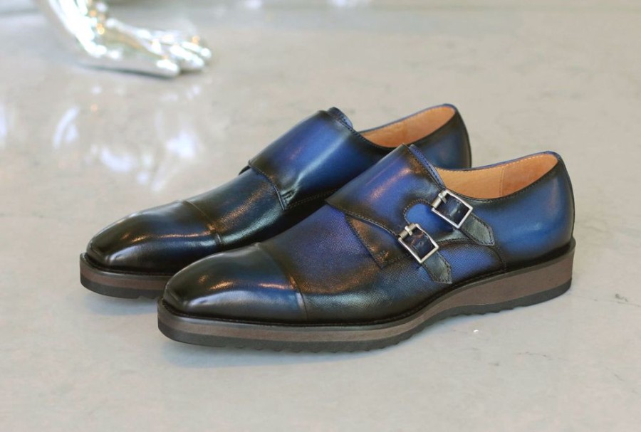 CARRUCCI Calfskin Double Monkstrap Shoe Blue | Monkstraps