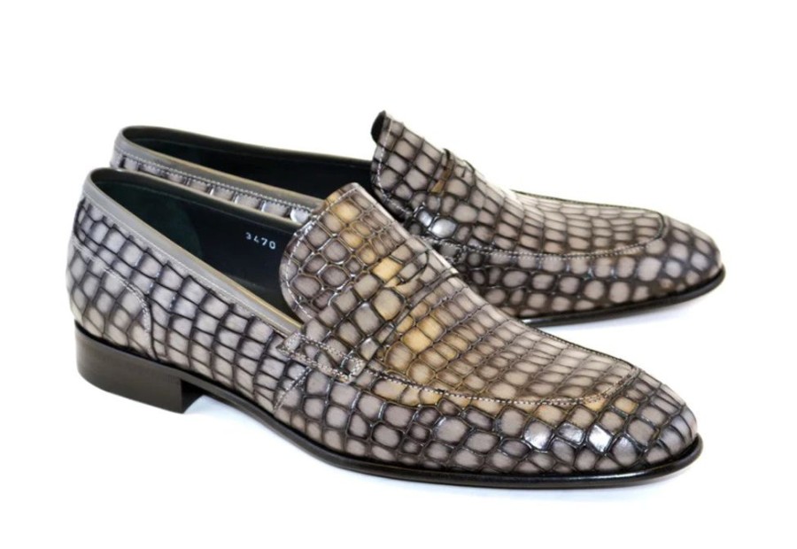 Corrente Corrente Crocodile Printed Calfskin Penny Loafer Grey | Loafers