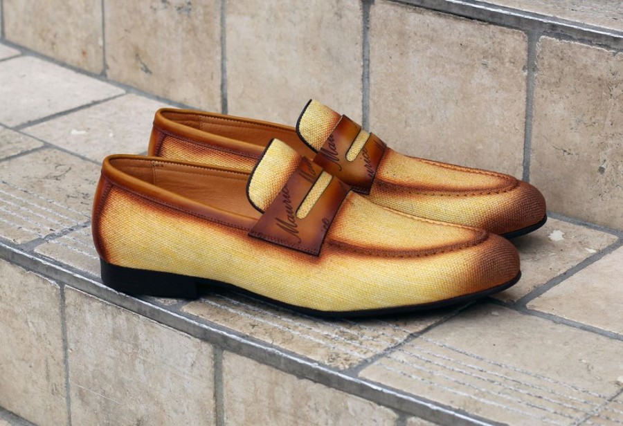 CARRUCCI Woven Canvas & Calfskin Slip-On Loafer Yellow/Brown | Loafers