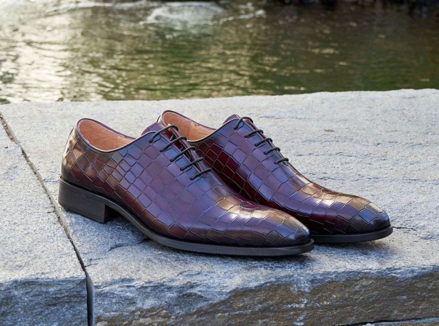 Carrucci by Maurice Crocodile Embossed Calfskin Lace-Up Oxford Burgundy | Lace-Ups