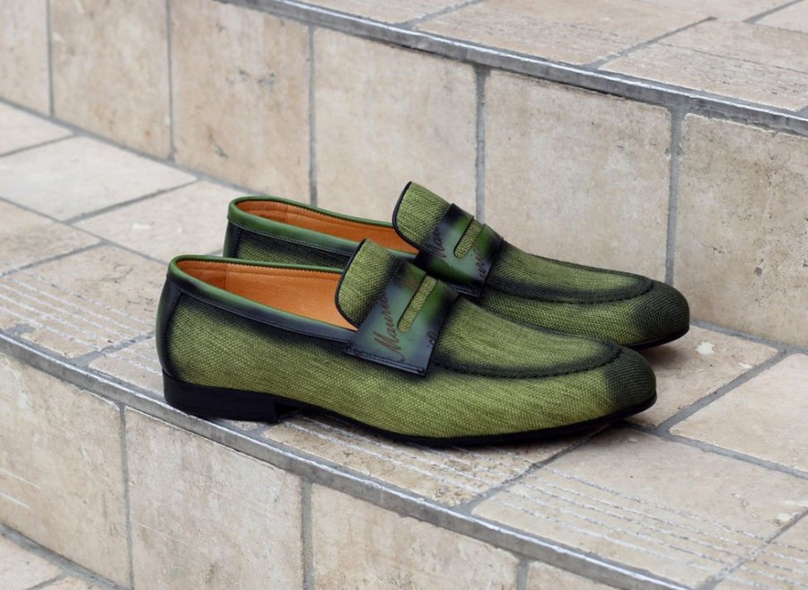 CARRUCCI Woven Canvas & Calfskin Slip-On Loafer Olive | Loafers