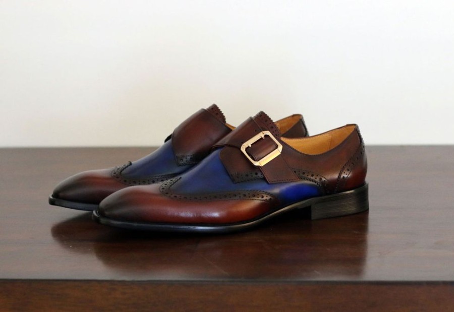 Carrucci by Maurice Burnished Calfskin Slip-On Spectator Monkstrap Shoe Brown/Blue | Monkstraps