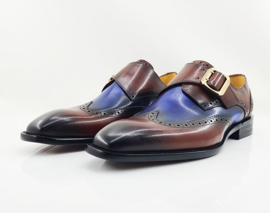 Carrucci by Maurice Burnished Calfskin Slip-On Spectator Monkstrap Shoe Brown/Blue | Monkstraps