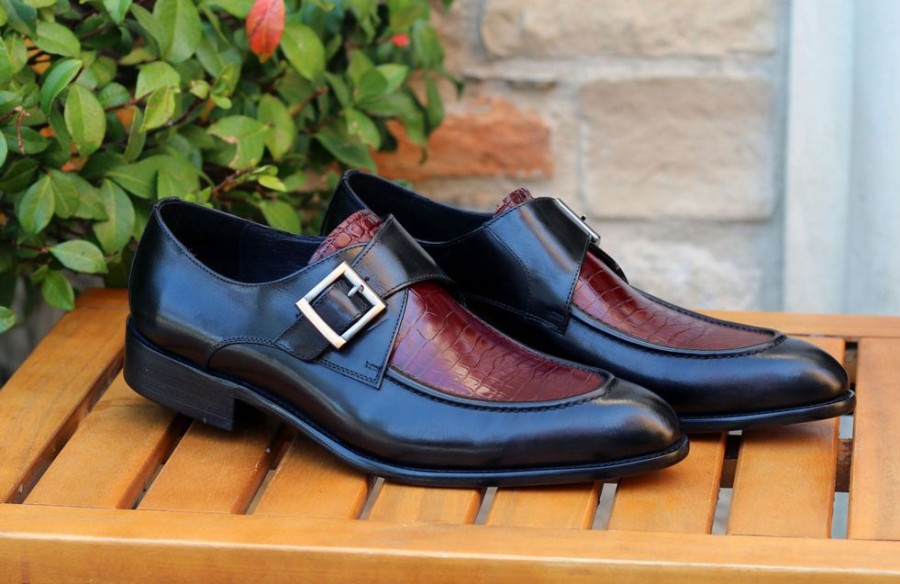 CARRUCCI Calfskin Slip-On Spectator Monkstrap Shoe Black/Burgundy | Monkstraps