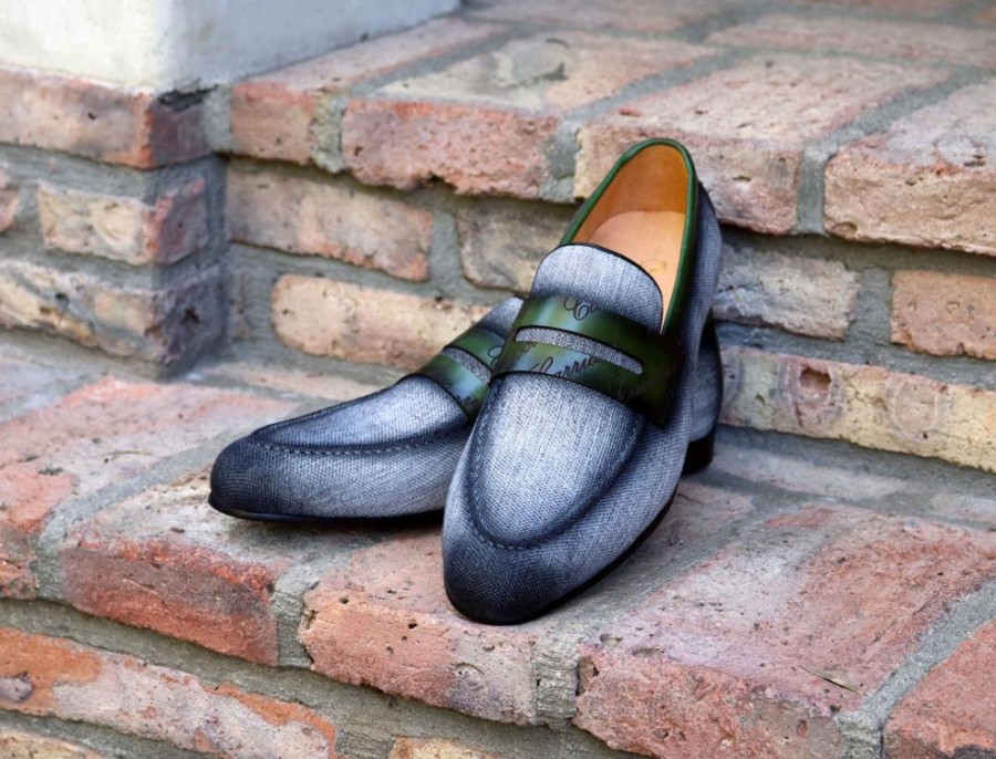 CARRUCCI Woven Canvas & Calfskin Slip-On Loafer Grey/Olive | Loafers