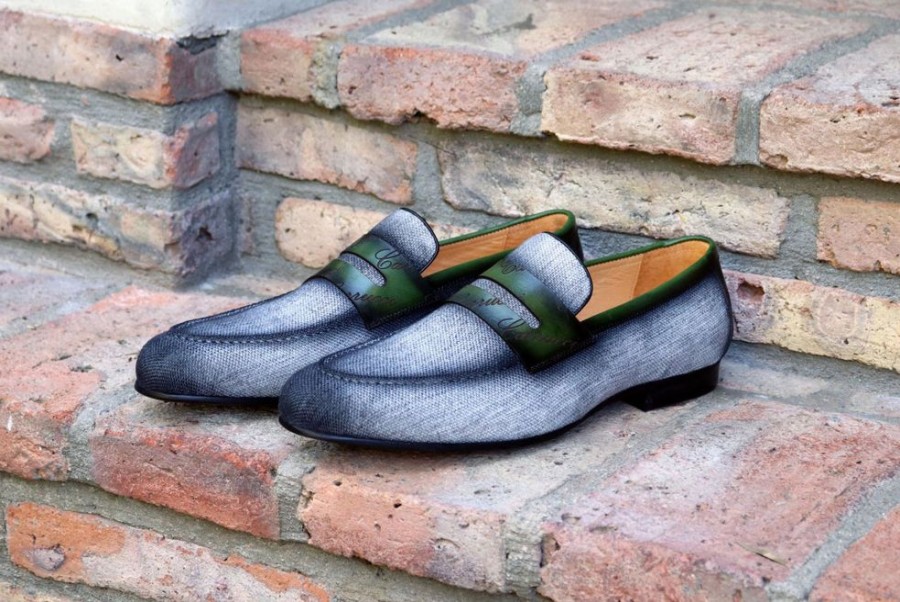 CARRUCCI Woven Canvas & Calfskin Slip-On Loafer Grey/Olive | Loafers