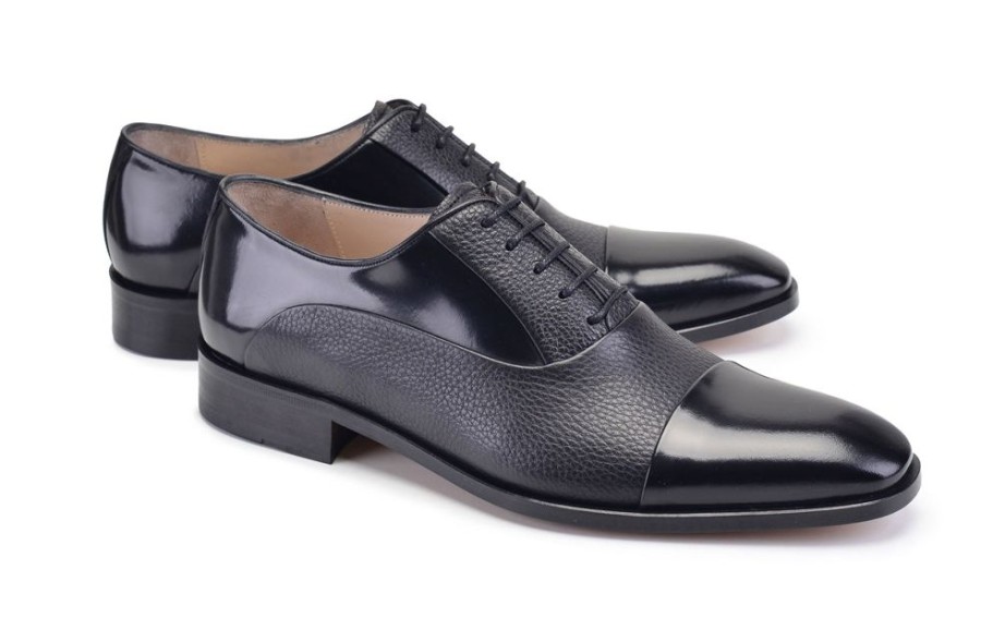 Pelle Pelle Deerskin & Polished Calfskin Lace-Up Oxford Black | Lace-Ups