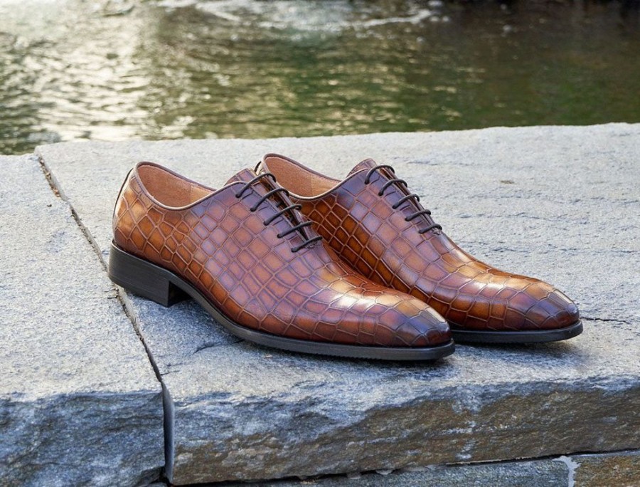 Carrucci by Maurice Crocodile Embossed Calfskin Lace-Up Oxford Cognac | Lace-Ups