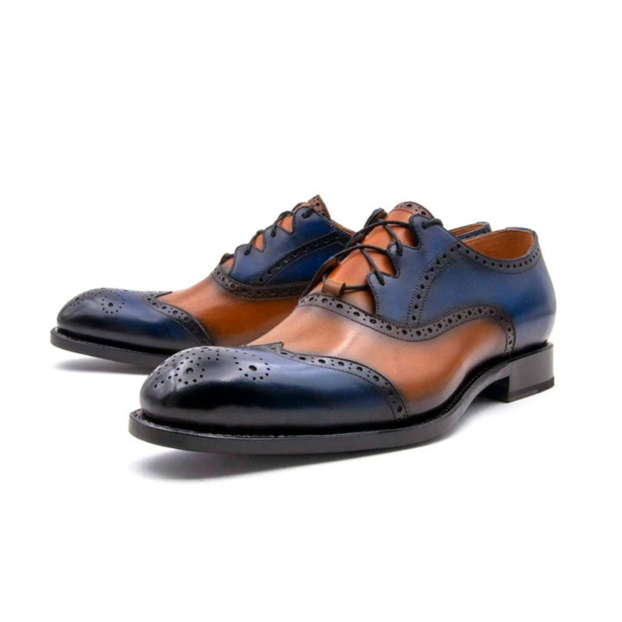 Ugo Vasare Stephen Two-Tone Burnished Calfskin Lace-Up Spectator Oxford Caramel/Navy | Lace-Ups