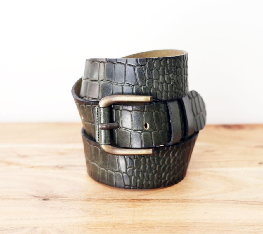 Maurice Crocodile Printed Leather Belt Olive | Belts