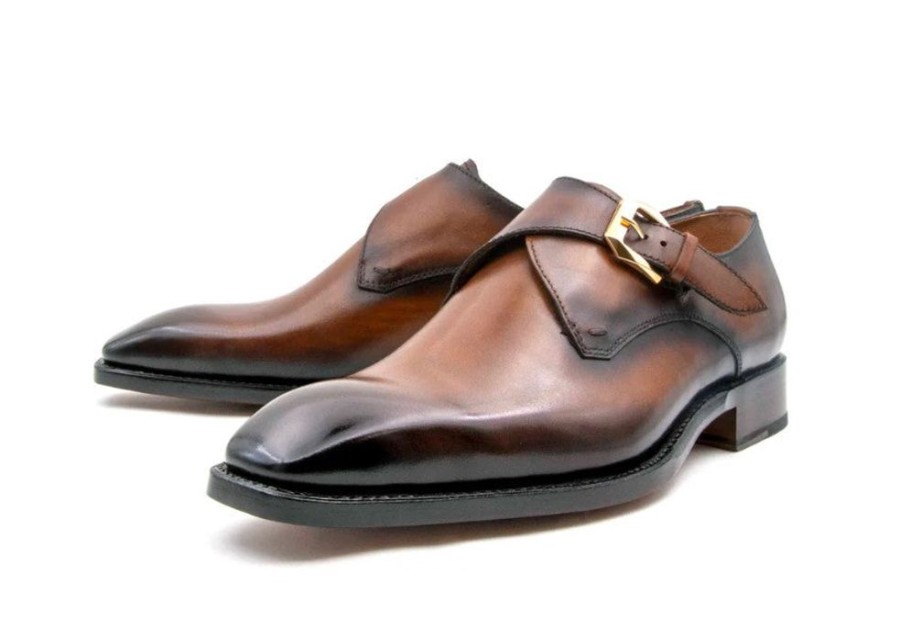 Ugo Vasare Edward Sr. Burnished Calfskin Monkstrap Shoe Tobacco | Monkstraps