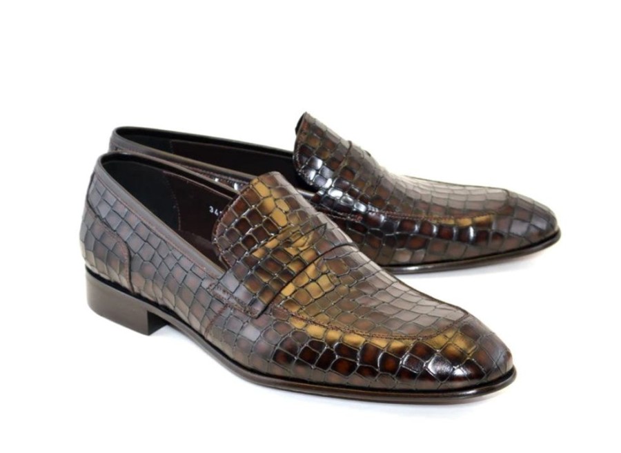 Corrente Corrente Crocodile Printed Calfskin Penny Loafer Matte Brown | Loafers