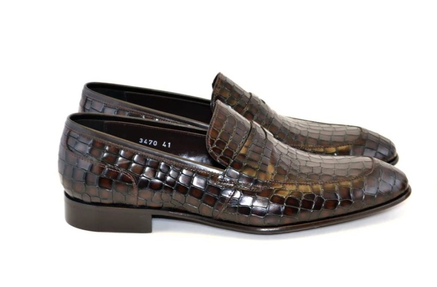 Corrente Corrente Crocodile Printed Calfskin Penny Loafer Matte Brown | Loafers