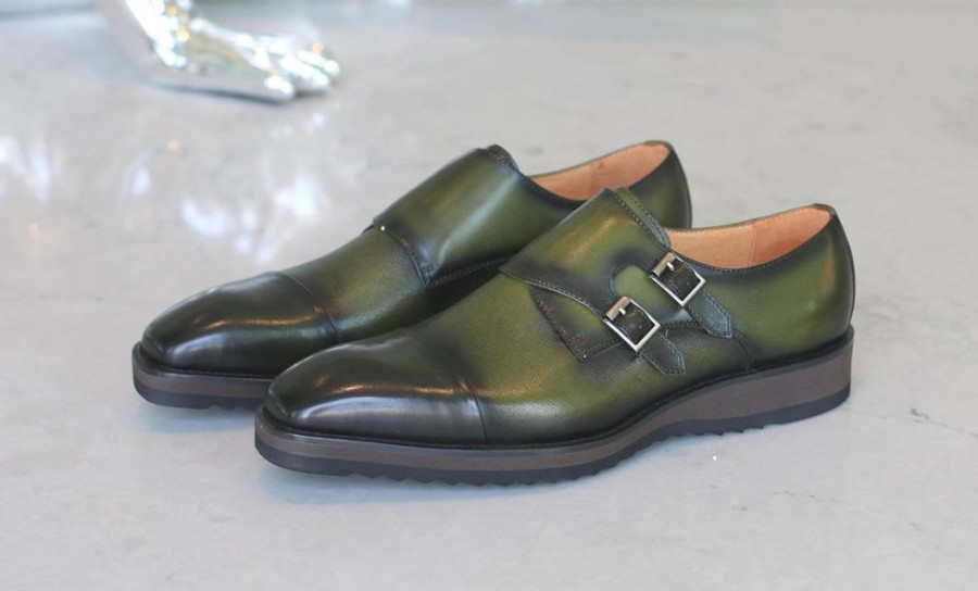 CARRUCCI Calfskin Double Monkstrap Shoe Olive | Monkstraps