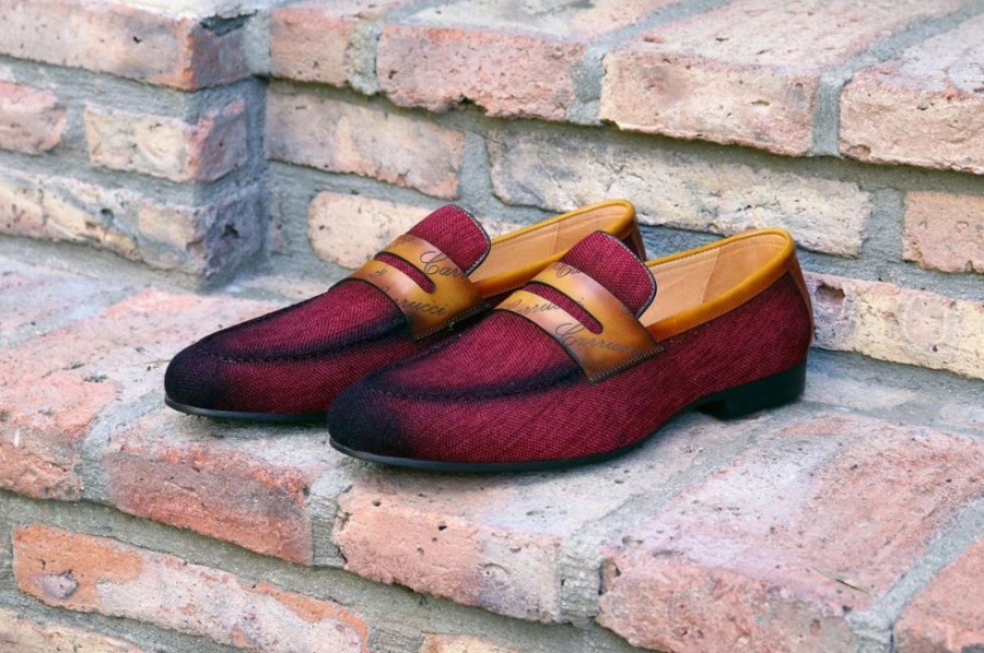 CARRUCCI Woven Canvas & Calfskin Slip-On Loafer Burgundy/Camel | Loafers