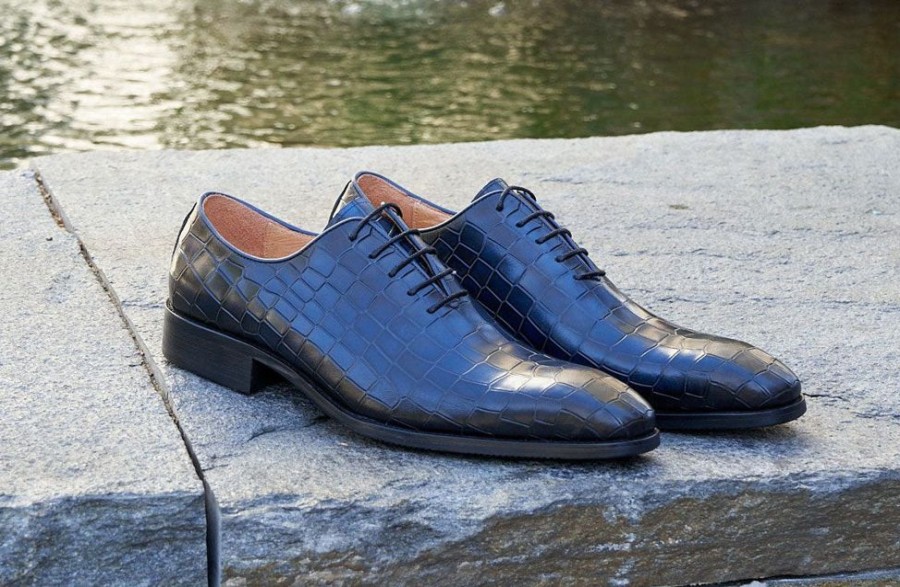 Carrucci by Maurice Crocodile Embossed Calfskin Lace-Up Oxford Navy | Lace-Ups