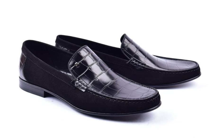 Corrente Corrente Crocodile Embossed Calfskin & Suede Loafer Black | Suede