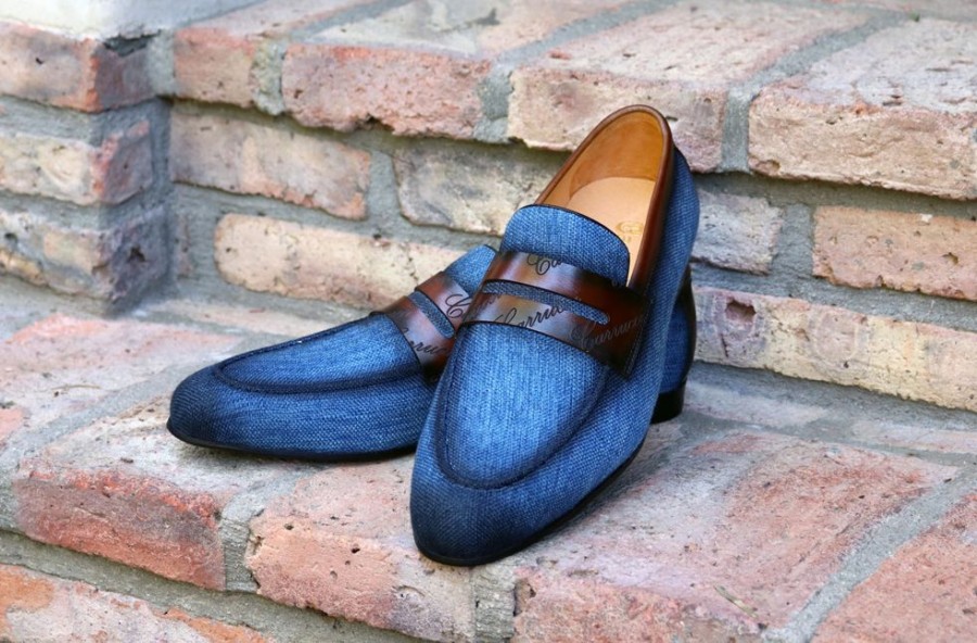 CARRUCCI Woven Canvas & Calfskin Slip-On Loafer Blue/Brown | Loafers