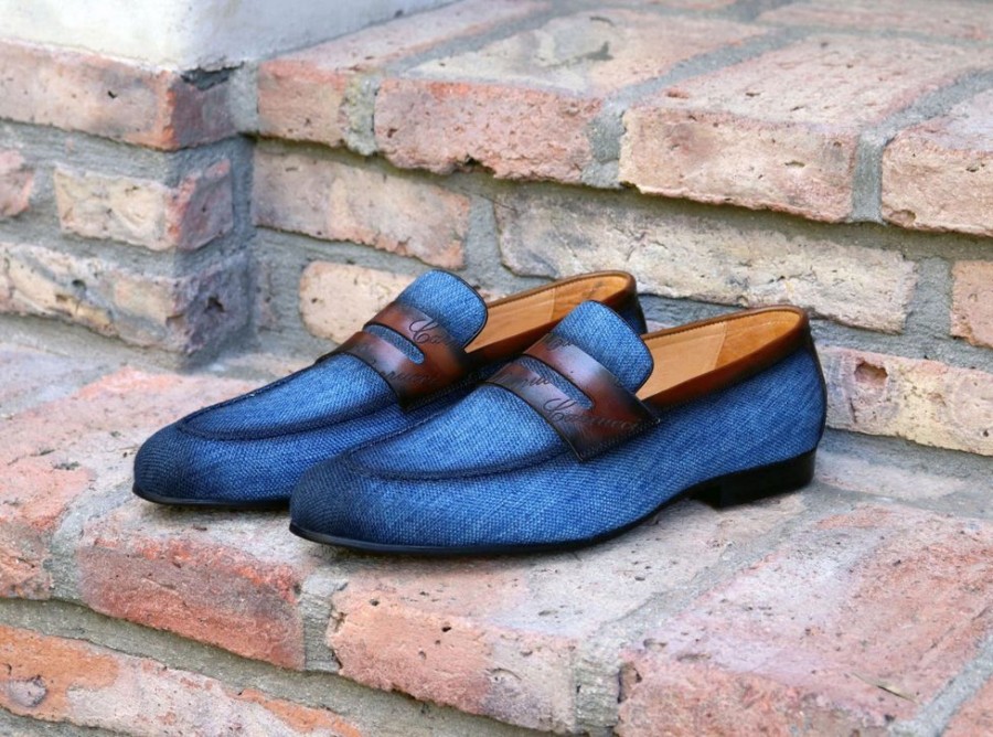 CARRUCCI Woven Canvas & Calfskin Slip-On Loafer Blue/Brown | Loafers