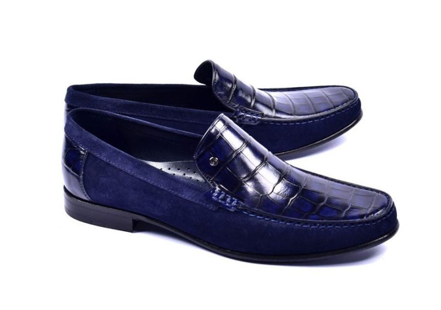 Corrente Corrente Crocodile Embossed Calfskin & Suede Loafer Navy | Suede