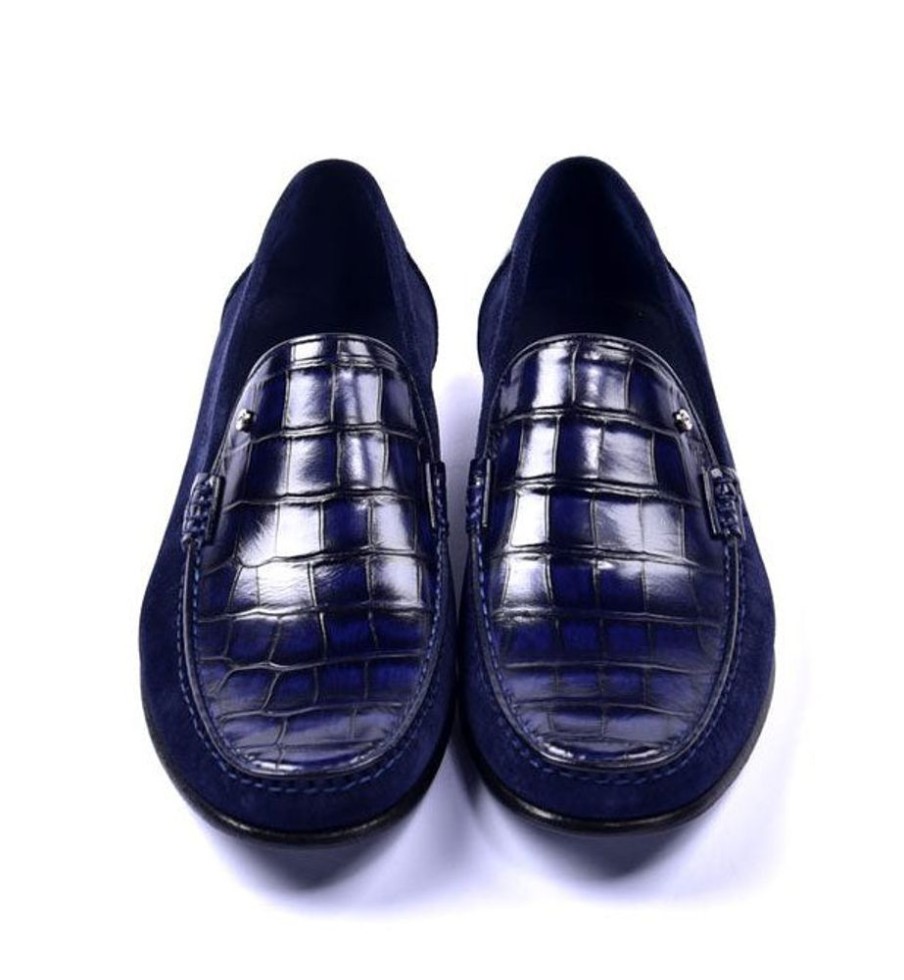 Corrente Corrente Crocodile Embossed Calfskin & Suede Loafer Navy | Suede